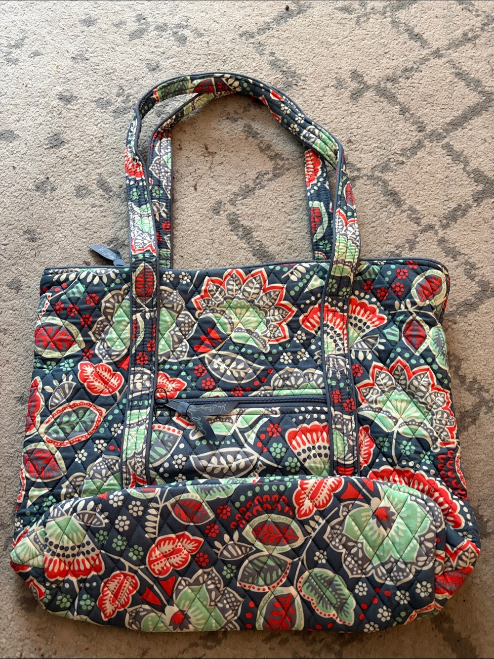 Vera Bradley Navy Quilted Floral Tote with Red & Mint Accents